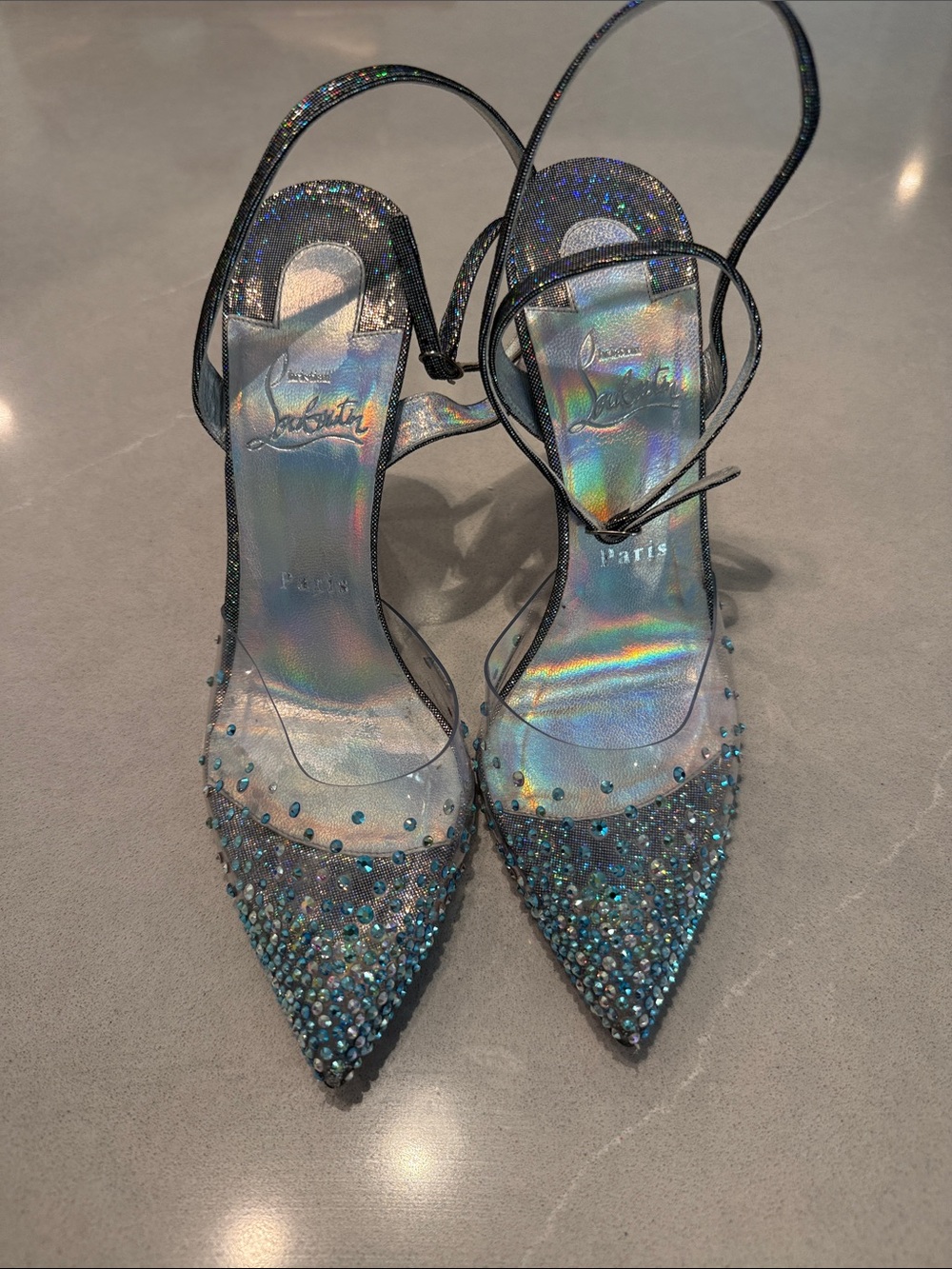 Christian Louboutin Iridescent Blue Crystal Pointed Slingbacks